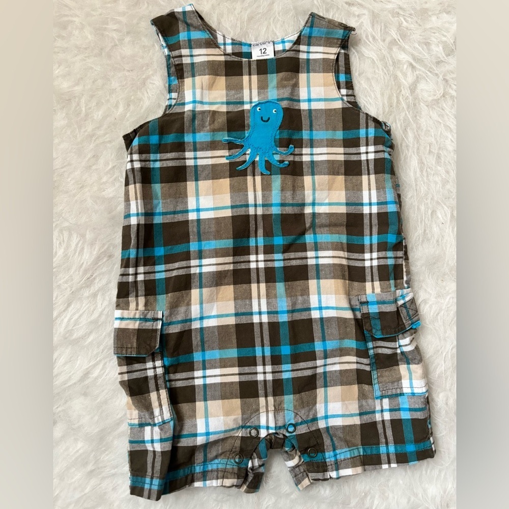 Carter's Brown and Blue Plaid Romper with Happy Octopus Appliqué